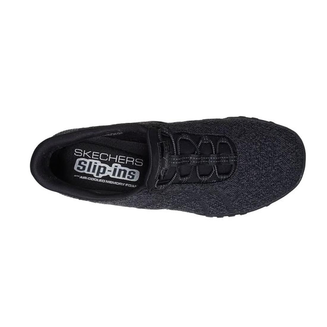 Top view of the Skechers Breathe Easy Knitty Waves SLIP IN Black shoe, featuring a textured Stretch Fit fabric upper, elastic laces, and a visible insole labeled “Skechers Slip-ins Air-Cooled Memory Foam.”., 198376792176, 198376792190, 198376792213, 19837