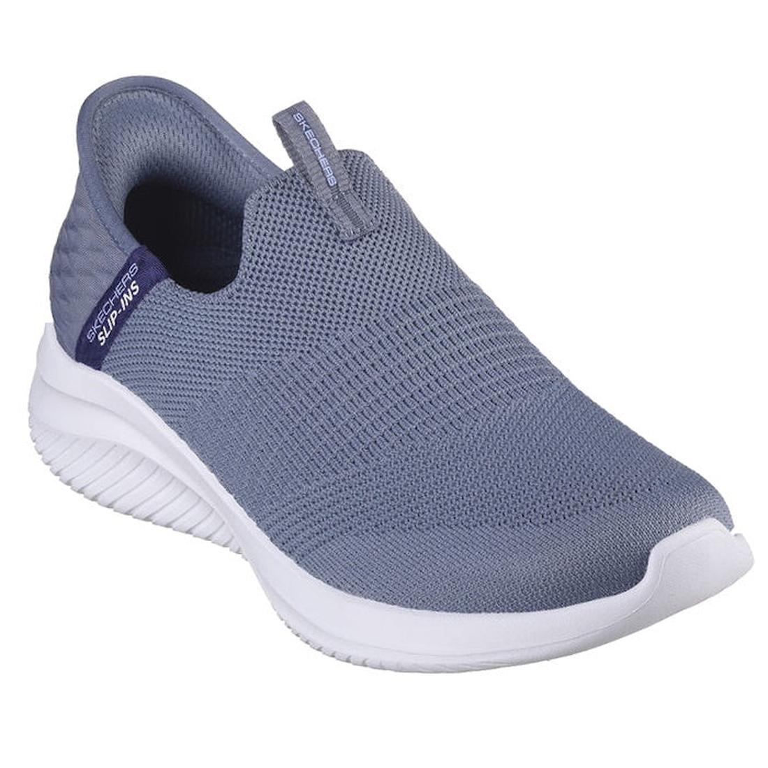 Skechers Ultra Flex 3.0 Slip In Cozy Streak in Slate Blue: comfy gray slip-on sneaker with white sole, mesh upper, and easy hands-free fit.  ksnz