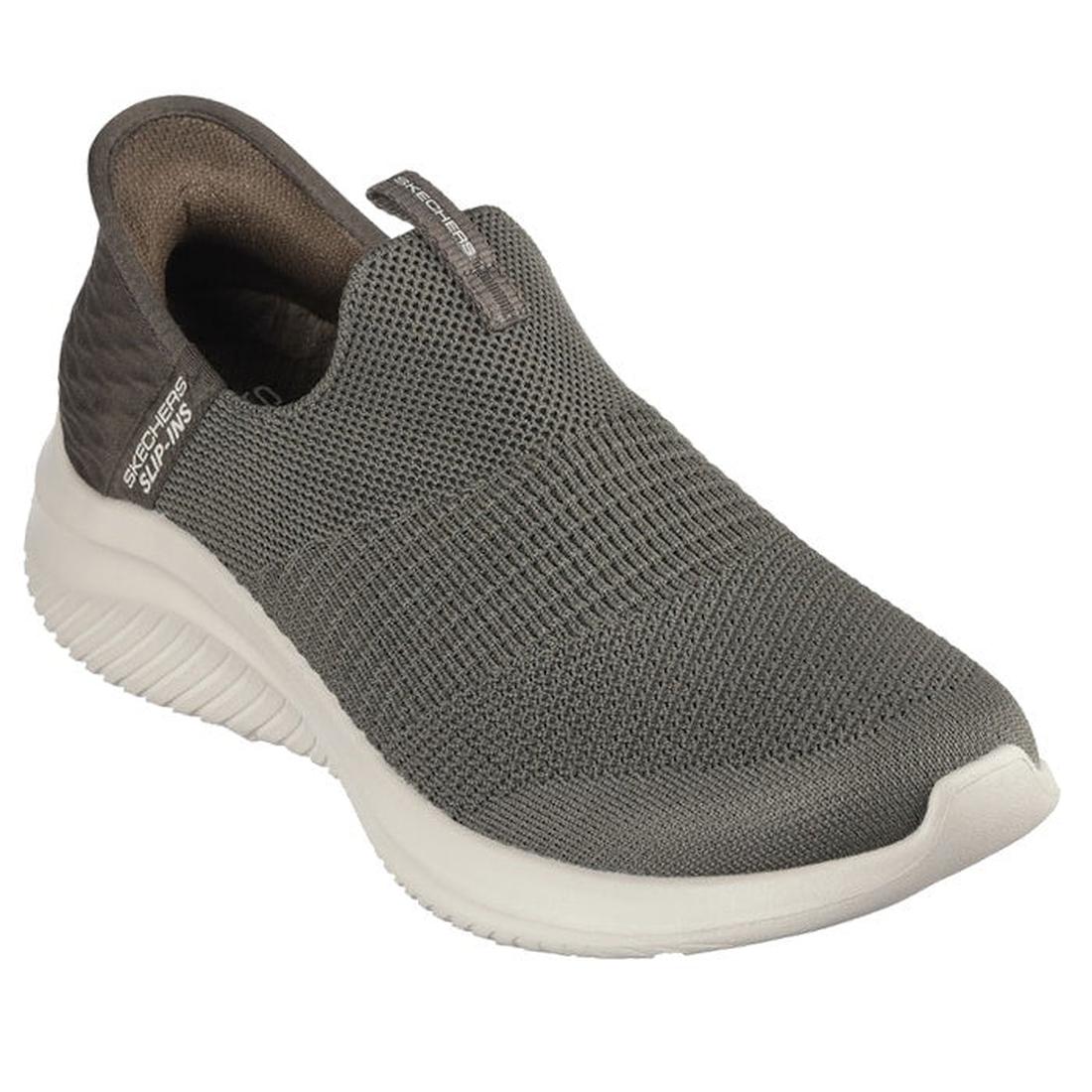 Skechers Ultra Flex 3.0 Brilliant Path—olive green slip-on sneaker with easy pull tab, comfy white sole, and soft mesh upper for kids.  ksnz
