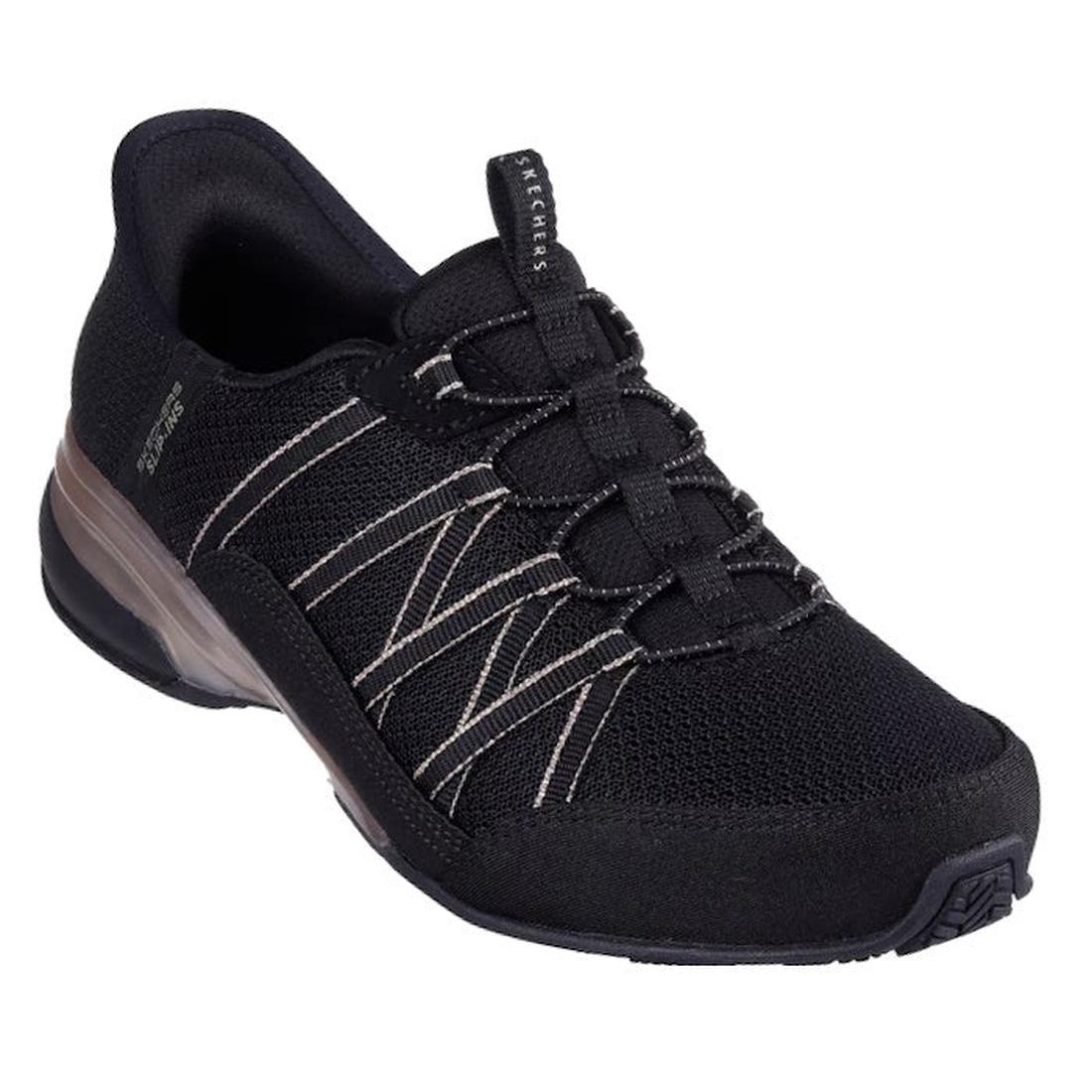 The Skechers Womens Breathe Easy Exhilarate Lumina Slip In Black Trainer features a mesh upper, white stitching, elastic laces, cushioned heel, and Air-Cooled Memory Foam for comfort.
