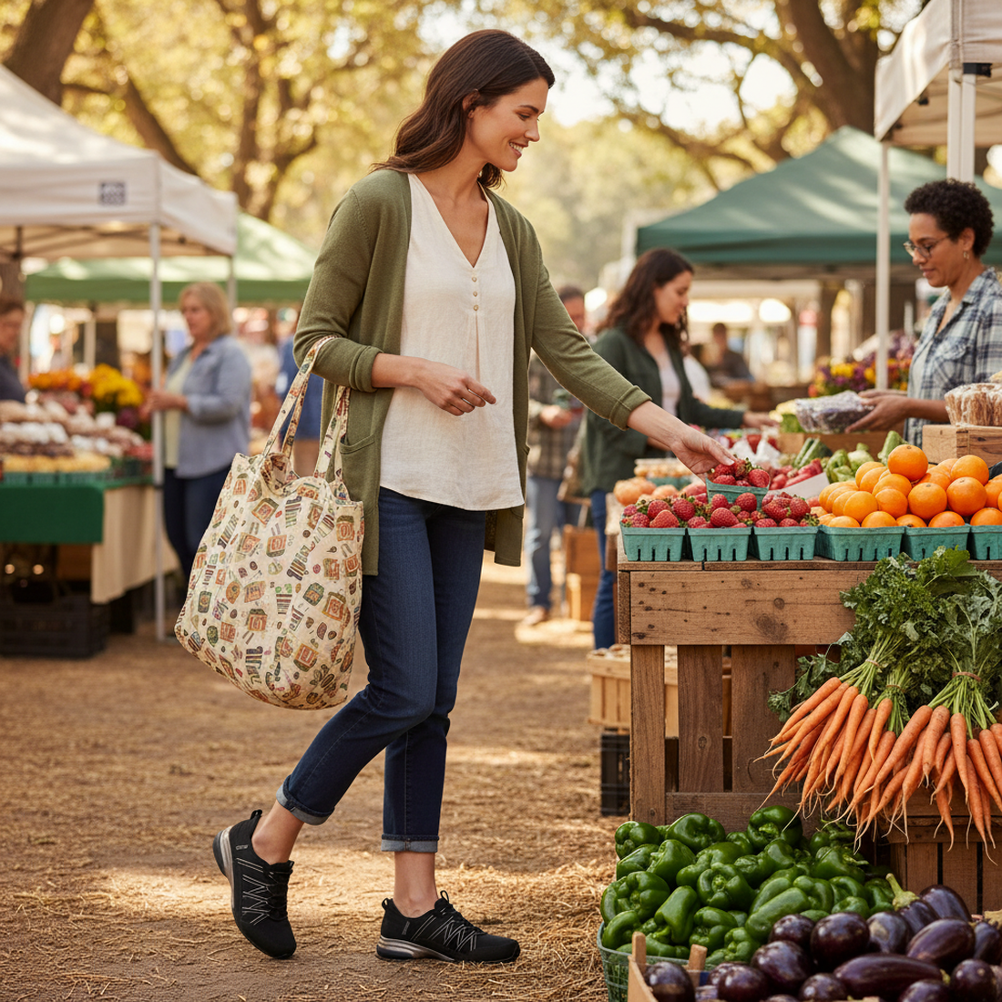 At an outdoor farmers market, a woman selects fresh strawberries while wearing Skechers Womens Breathe Easy Exhilarate Lumina Slip In Black Trainers and carrying a reusable tote, surrounded by fruits and vegetables beneath green and white canopies., 19797