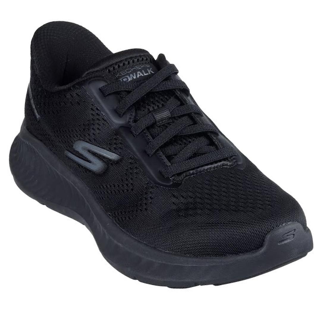 The Skechers Womens Slip Ins Go Walk Now Khloe Black features a black mesh upper, black laces, a thick textured sole, HANDS FREE Slip-ins design, ULTRA LIGHT cushioning for comfort, and Skechers logos on the side and toe.