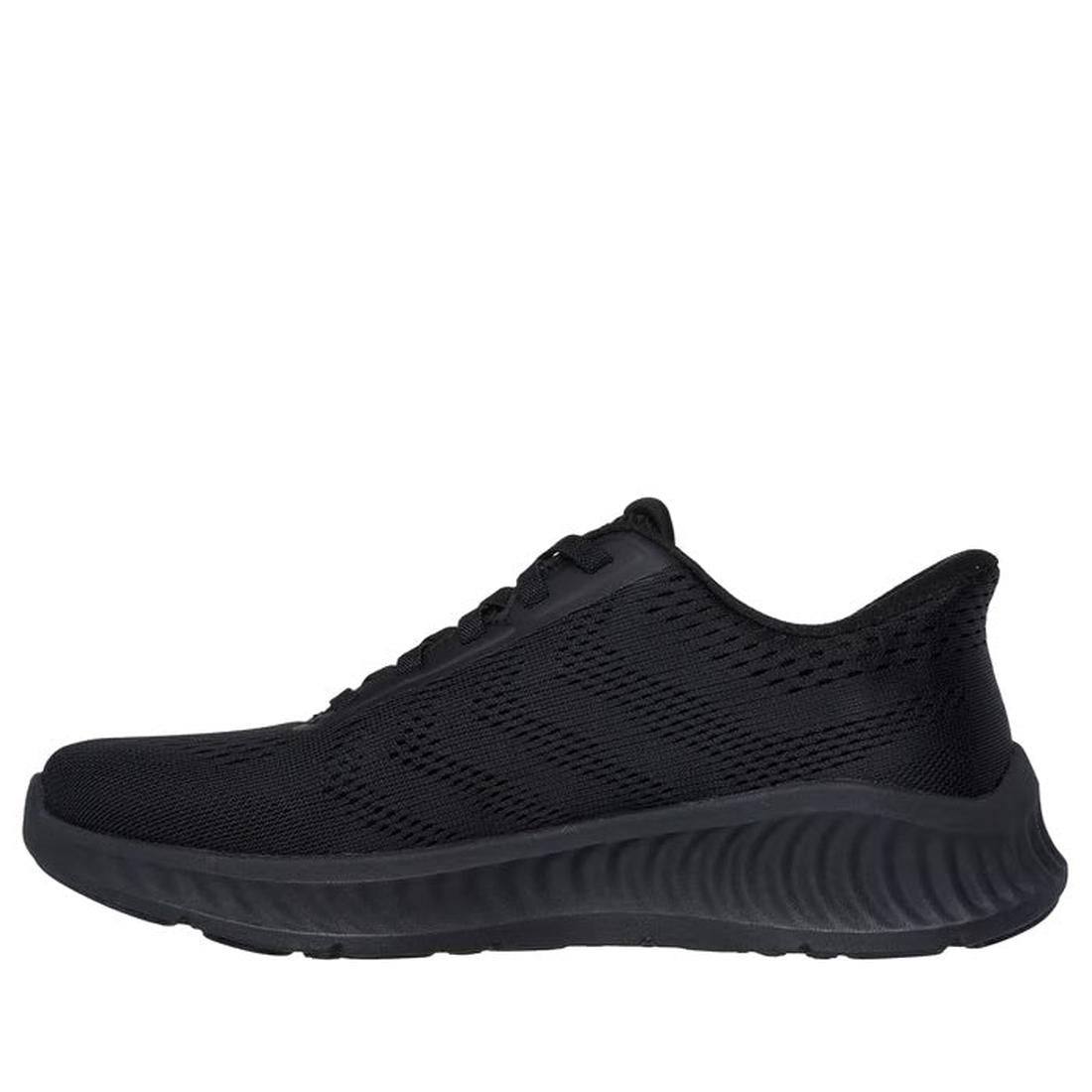 A side view of the Skechers Womens Slip Ins Go Walk Now Khloe Black sneaker with a mesh upper, black laces, and a textured black sole with ULTRA LIGHT cushioning, shown isolated on a white background., 49289, 198376580186, 198376580209, 198376580223, 1983