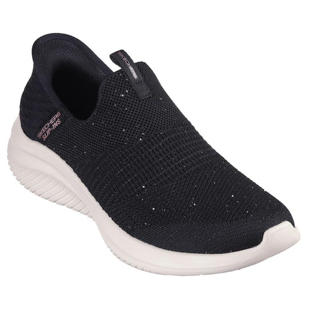 Skechers Ultra Flex 3.0 Shiny Night SLIP INS in Black Rose Gold: comfy slip-on sneakers with knit upper, soft white sole, and easy tab.  ksnz