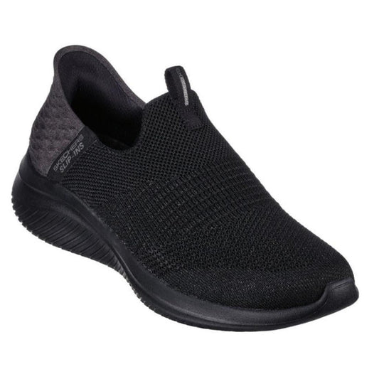 Skechers Ultra Flex 3.0 Smooth Step SLIP INS Black slip-on shoe with soft knit upper, comfy cushion sole, and easy pull-on tab.  ksnz