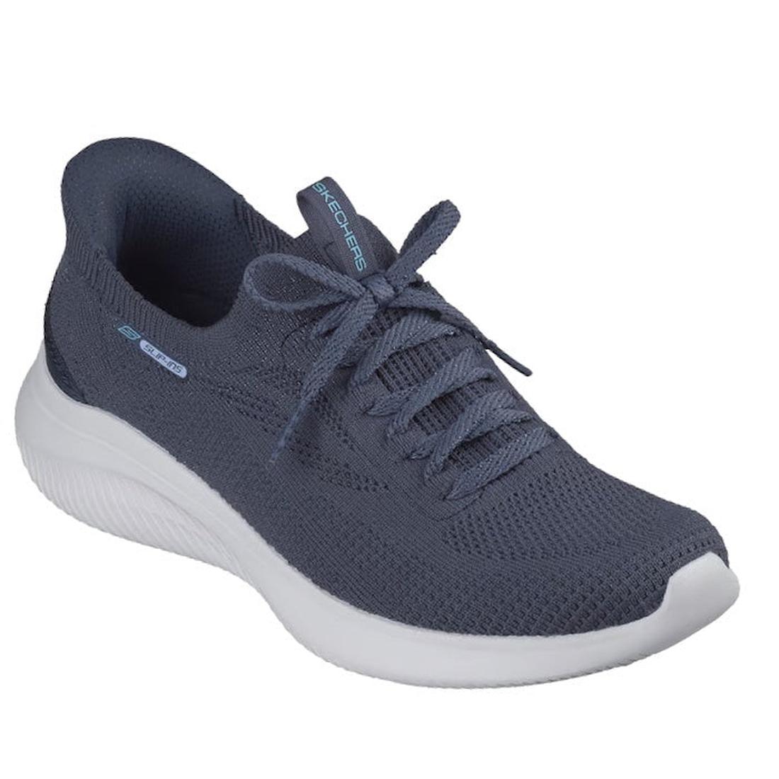 The Skechers Womens Slip Ins Ultra Flex 4.0 Trainer Navy features a navy knit upper, slip-on design, white cushioned sole, Skechers branding on the side and tongue, and Air-Cooled Memory Foam for comfort.