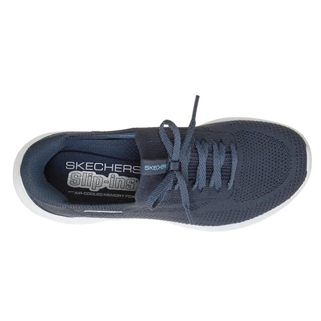Top view of the Skechers Womens Slip Ins Ultra Flex 4.0 Trainer in navy with laces, an Ultra Stretch Fit mesh upper, white sole, and Skechers Slip-ins Air-Cooled Memory Foam insole for lasting comfort., 52223, 52224, 199025951692, 52226, 1990259517157, 52