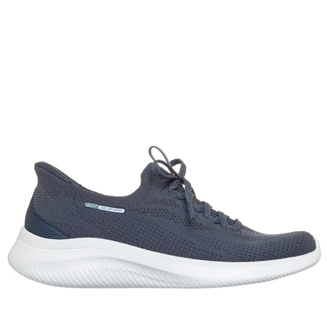 The Skechers Womens Slip Ins Ultra Flex 4.0 Trainer in navy features an Ultra Stretch Fit mesh upper, a thick white textured sole, and Air-Cooled Memory Foam, shown in side profile against a plain white background., 52223, 52224, 199025951692, 52226, 1990