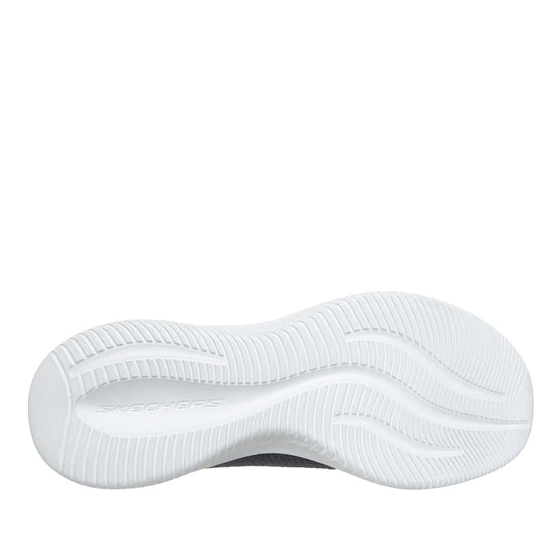 The image shows the white, textured outsole of the Skechers Womens Slip Ins Ultra Flex 4.0 Trainer Navy, with curved grooves and the Skechers logo embossed near the heel., 52223, 52224, 199025951692, 52226, 1990259517157, 52228, 199025951739, 52230, 19902