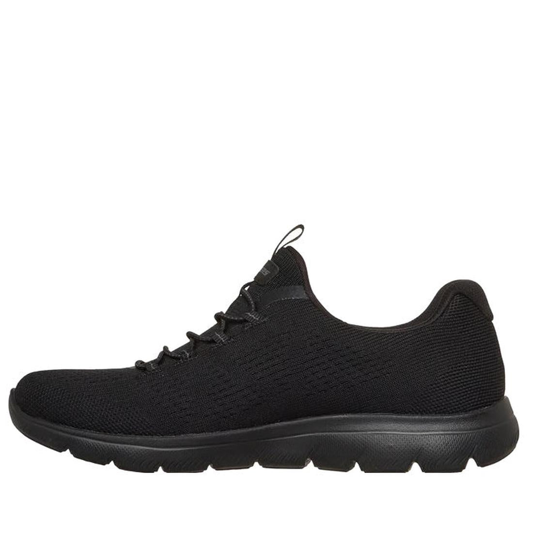 The Skechers Womens Summits Bungee Slip On Trainer - Radiant Flow Black is a black athletic sneaker with a mesh upper, bungee laces, thick textured rubber sole, and memory foam insole for comfort. Shown in side profile on a white background., 50202, 50203