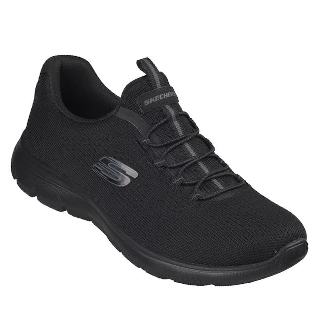 The Skechers Womens Summits Bungee Slip On Trainer - Radiant Flow Black features a mesh upper, slip-on design with elastic laces, cushioned memory foam insole, and visible Skechers logo on the side and tongue.