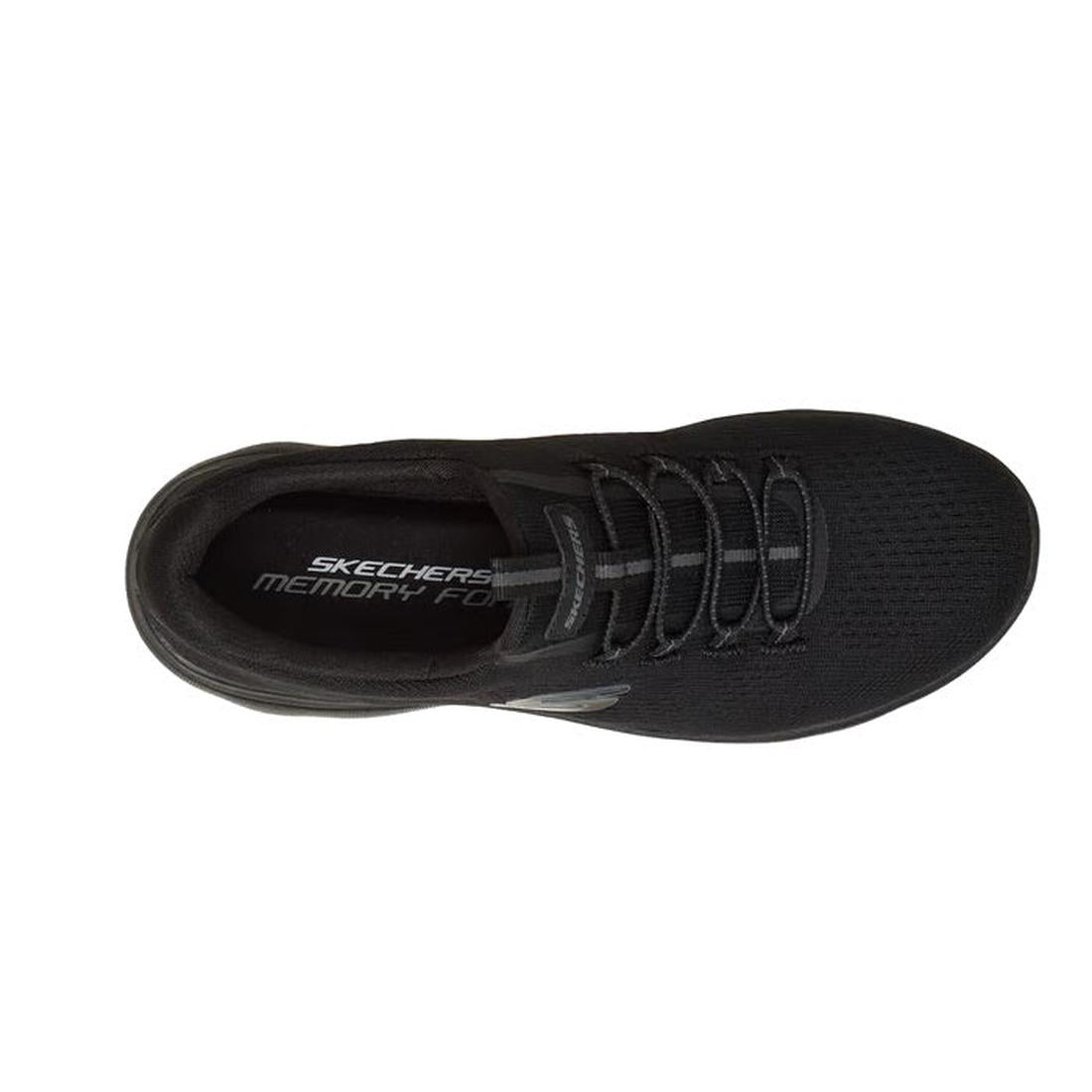 Top view of a black Skechers Womens Summits Bungee Slip On Trainer - Radiant Flow, featuring a vegan design and Skechers Memory Foam insole for all-day comfort., 50202, 50203, 199025281751, 50205, 199025281775, 50207, 199025281799, 50209, 199025281812, 50