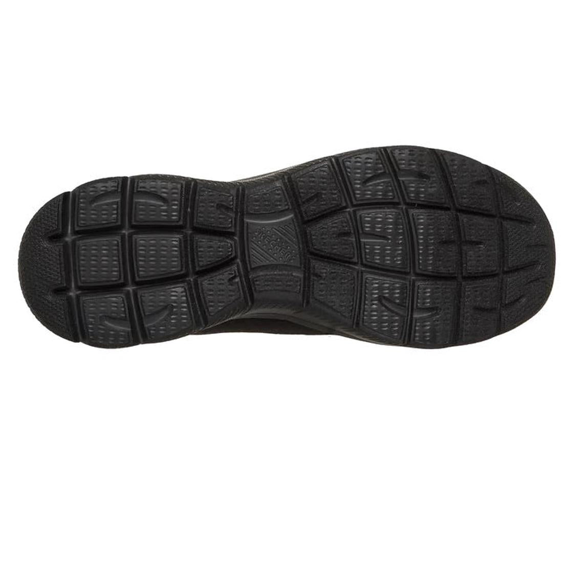 Bottom view of the Skechers Womens Summits Bungee Slip On Trainer - Radiant Flow Black shows a durable black rubber sole with a textured, grid-like tread and rectangular segments, enhancing traction and flexibility against a white background., 50202, 5020