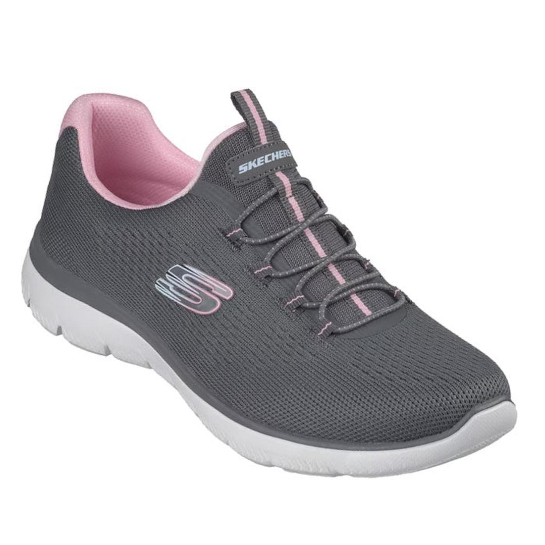 The Skechers Womens Summits Bungee Slip On Trainer - Radiant Flow Charcoal Pink features a gray engineered knit upper, white sole, pink interior lining, and pink accents on the tongue and laces, with Skechers logos on the side and tongue.