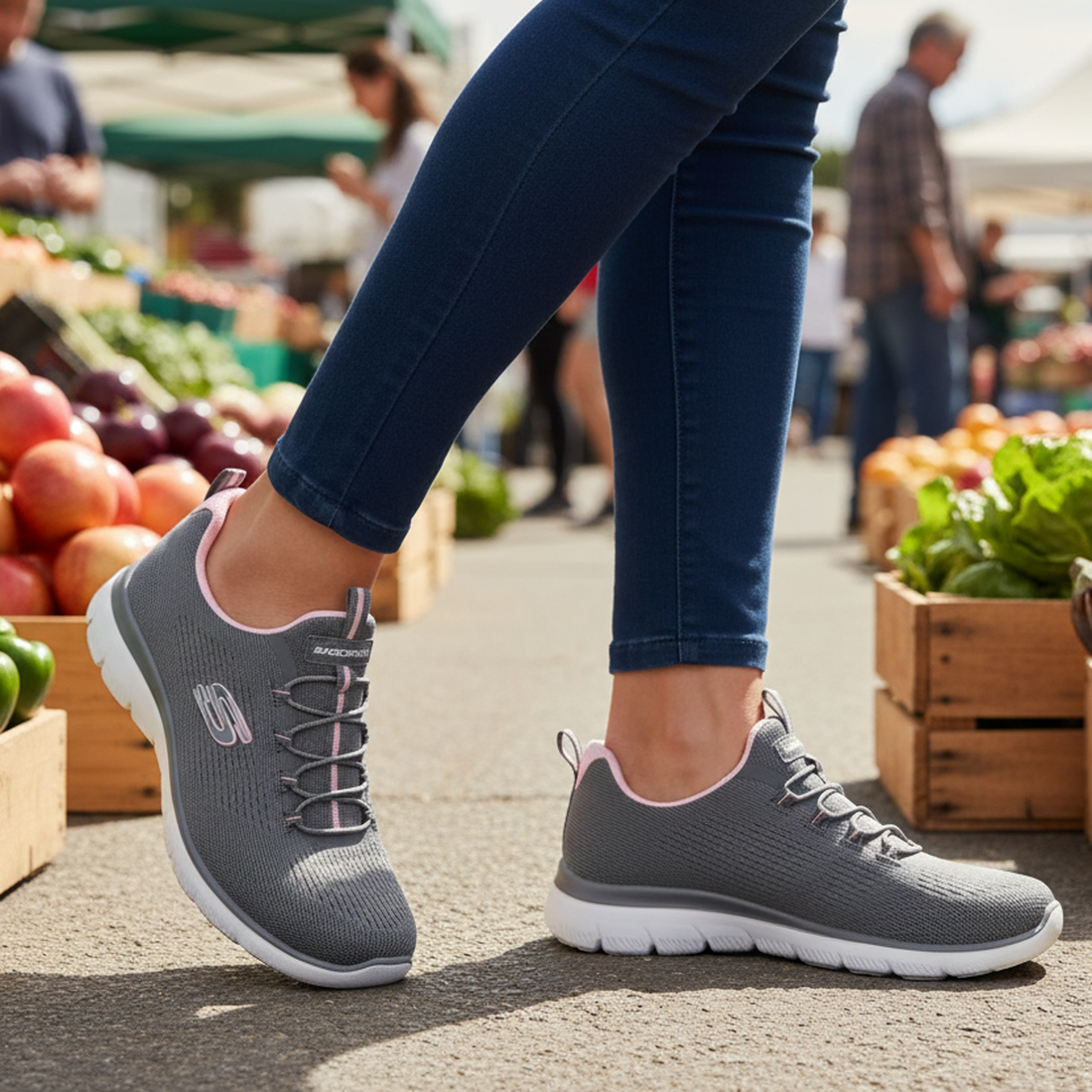 A woman wearing Skechers Womens Summits Bungee Slip On Trainer - Radiant Flow Charcoal Pink and blue jeans walks through an outdoor market, surrounded by fresh produce like apples and leafy greens in wooden crates., 50192, 50193, 199025153492, 50195, 1990
