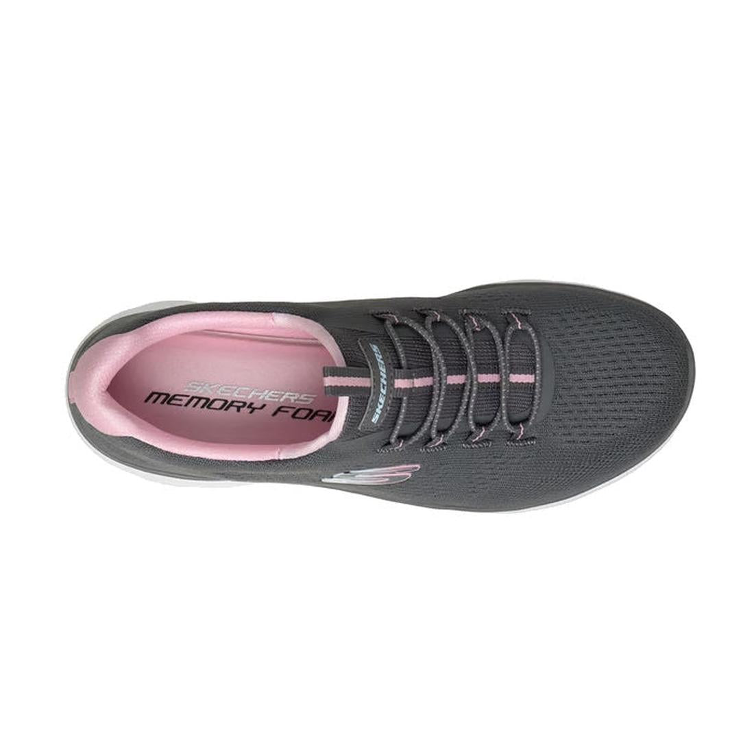 Top view of a Skechers Womens Summits Bungee Slip On Trainer - Radiant Flow in Charcoal Pink, featuring an engineered knit upper, pink accents, white sole, elastic laces, pink lining, and Memory Foam insole., 50192, 50193, 199025153492, 50195, 19902515351