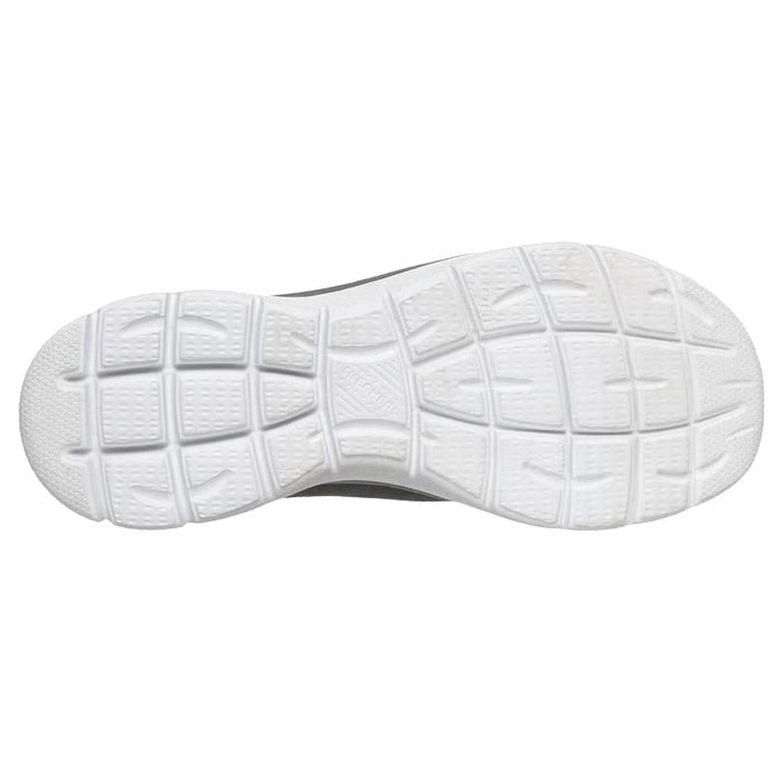 The image displays the bottom view of the Skechers Womens Summits Bungee Slip On Trainer - Radiant Flow Charcoal Pink, highlighting its textured sole for traction and a Memory Foam insole that offers all-day comfort., 50192, 50193, 199025153492, 50195, 19