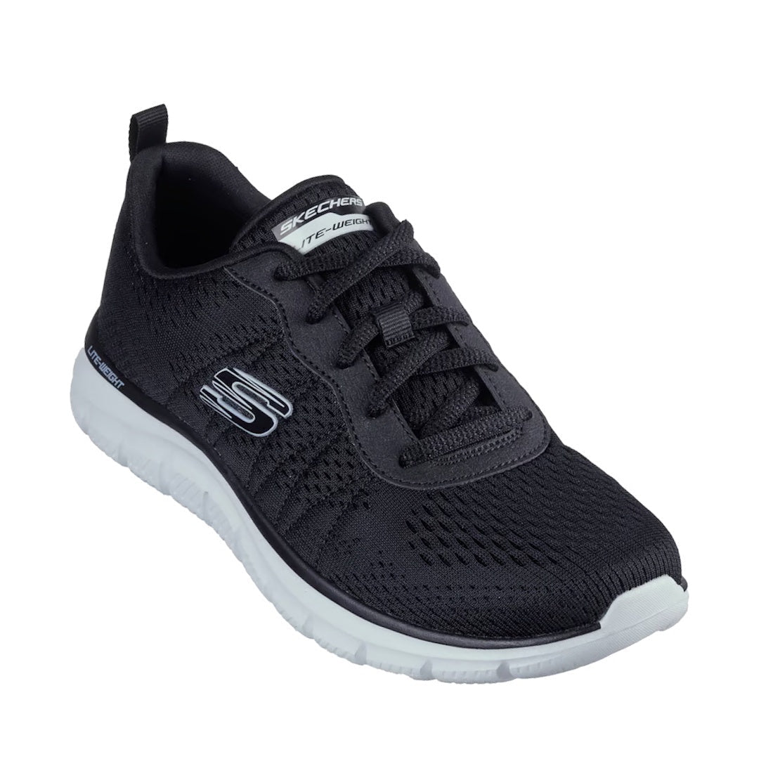 The All Black Skechers Womens Track - New Staple Lace Up Sneaker features a black athletic design with a white sole and the Skechers logo on the side, shown from a front angle. This women's trainer boasts a breathable mesh upper, black laces, and a crisp 