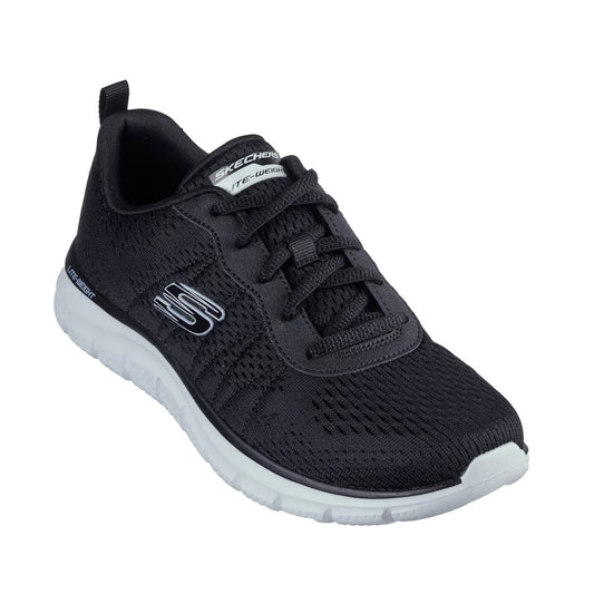 The All Black Skechers Womens Track - New Staple Lace Up Sneaker features a black athletic design with a white sole and the Skechers logo on the side, shown from a front angle. This women's trainer boasts a breathable mesh upper, black laces, and a crisp 