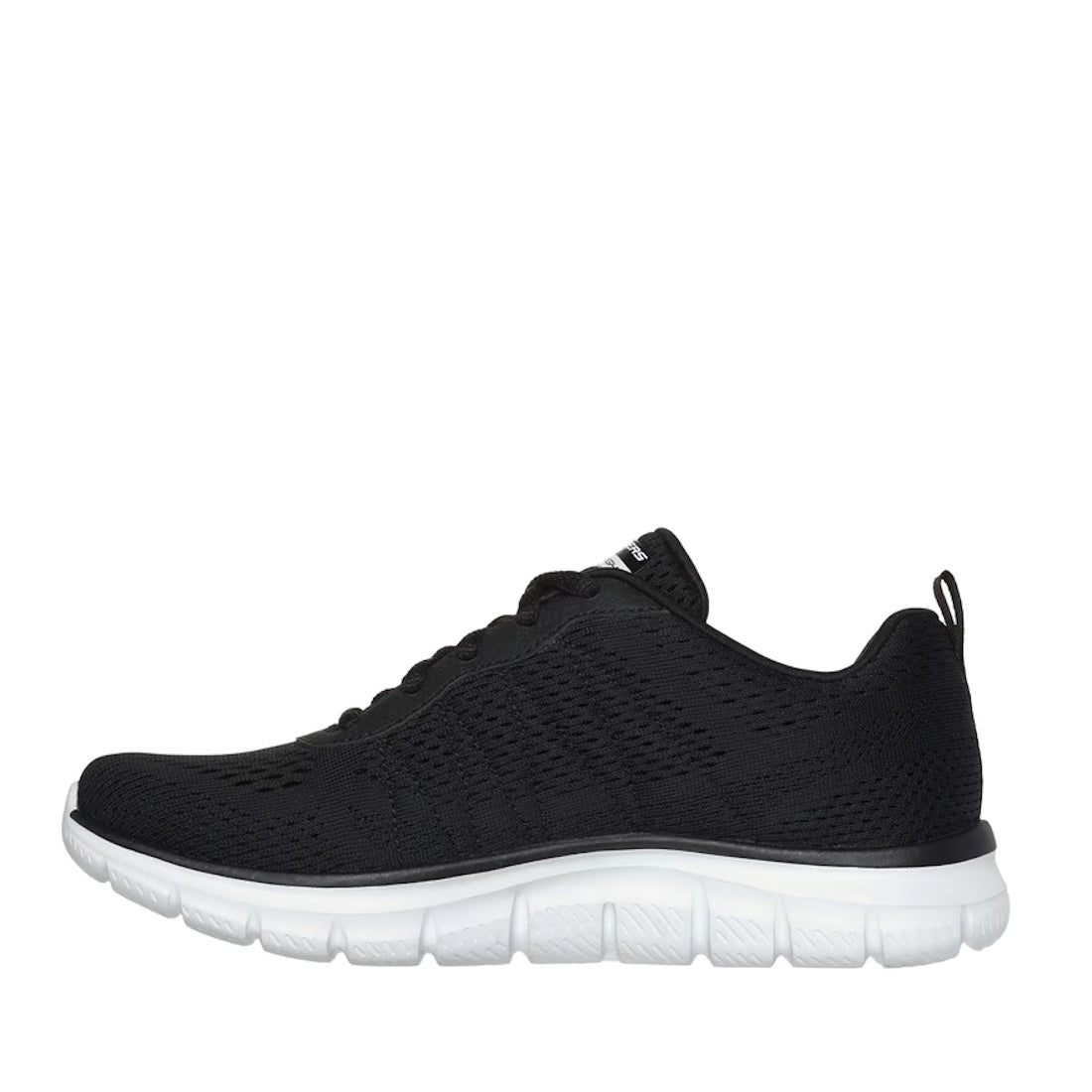 The All Black Skechers Womens Track - New Staple Lace Up Sneaker is displayed in a side profile view on a plain white background. This black athletic trainer features a breathable mesh upper, black laces, and a white cushioned sole. Part of the Skechers T