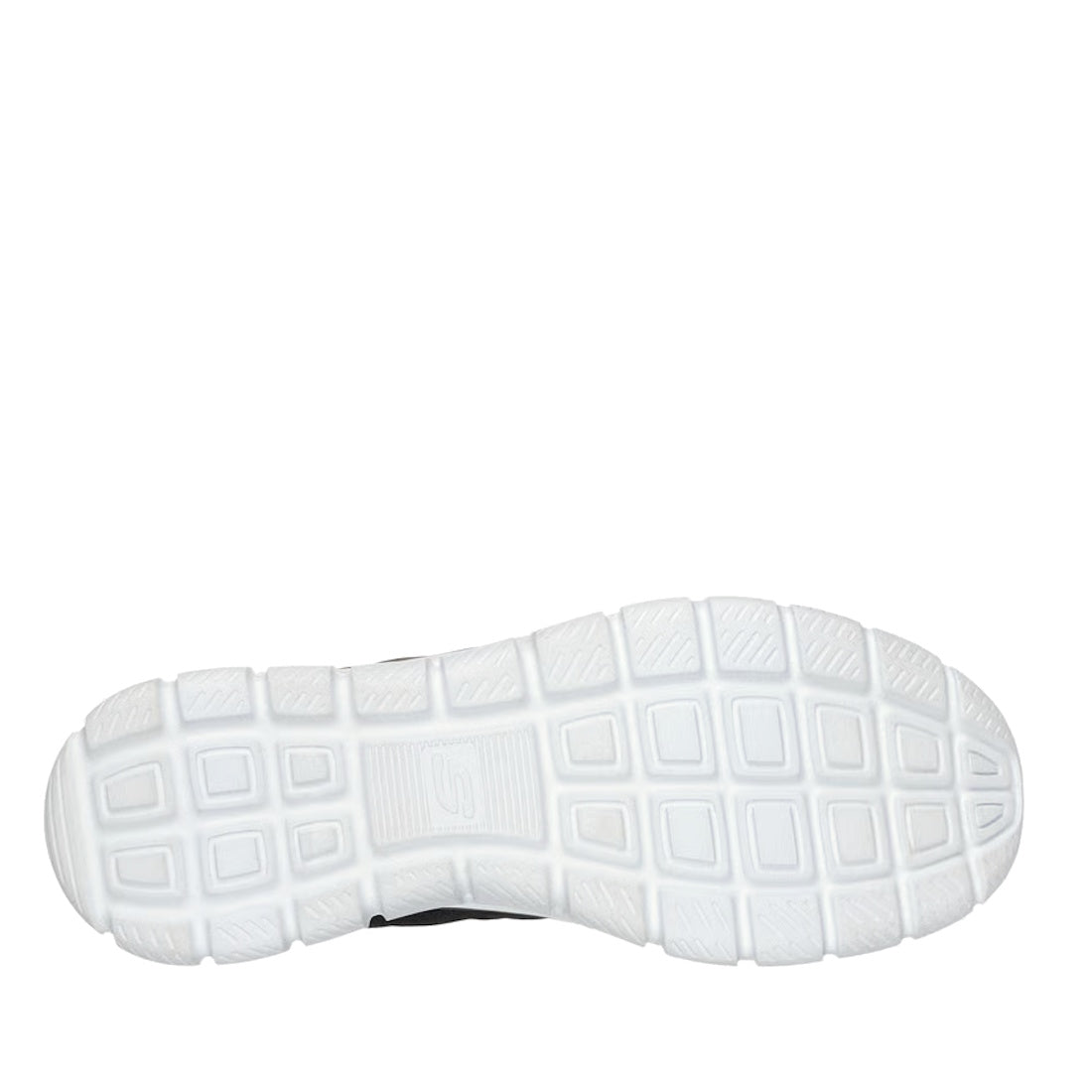 White rubber sole of the All Black Skechers Womens Track - New Staple Lace Up Sneaker with a grid-like tread pattern, viewed from below against a plain white background., 52695, 52696, 197627486055, 52698, 197627486079, 52700, 197627486093, 52702, 1976274