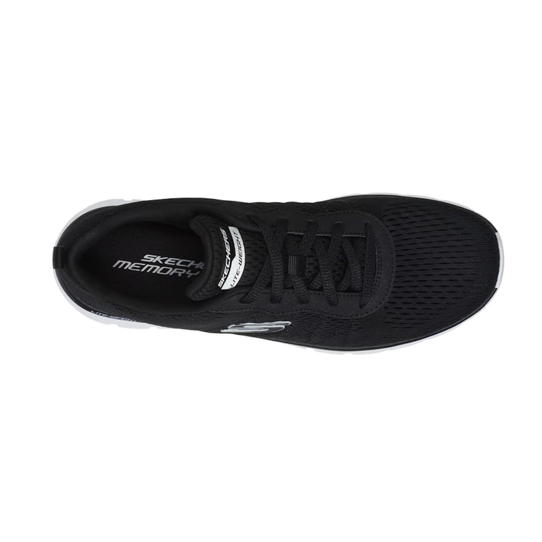 Top view of the All Black Skechers Womens Track - New Staple Lace Up Sneaker with a black mesh upper and white sole, featuring breathable material and a supportive memory foam insole with "Skechers Memory Foam" branding., 52695, 52696, 197627486055, 52698