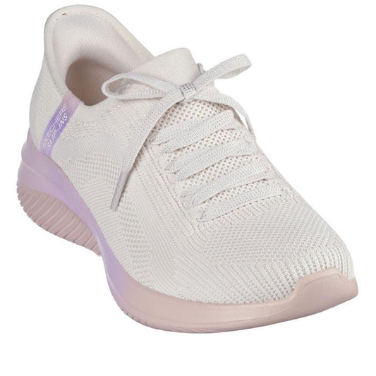 The Skechers Womens Slip Ins Ultra Flex 3.0 Classy Hue in Natural Off White is a light beige athletic sneaker featuring a knit mesh upper, laces, thick Ultra Flex 3.0 sole with pink tint, and subtle lavender heel accents for a fresh look.