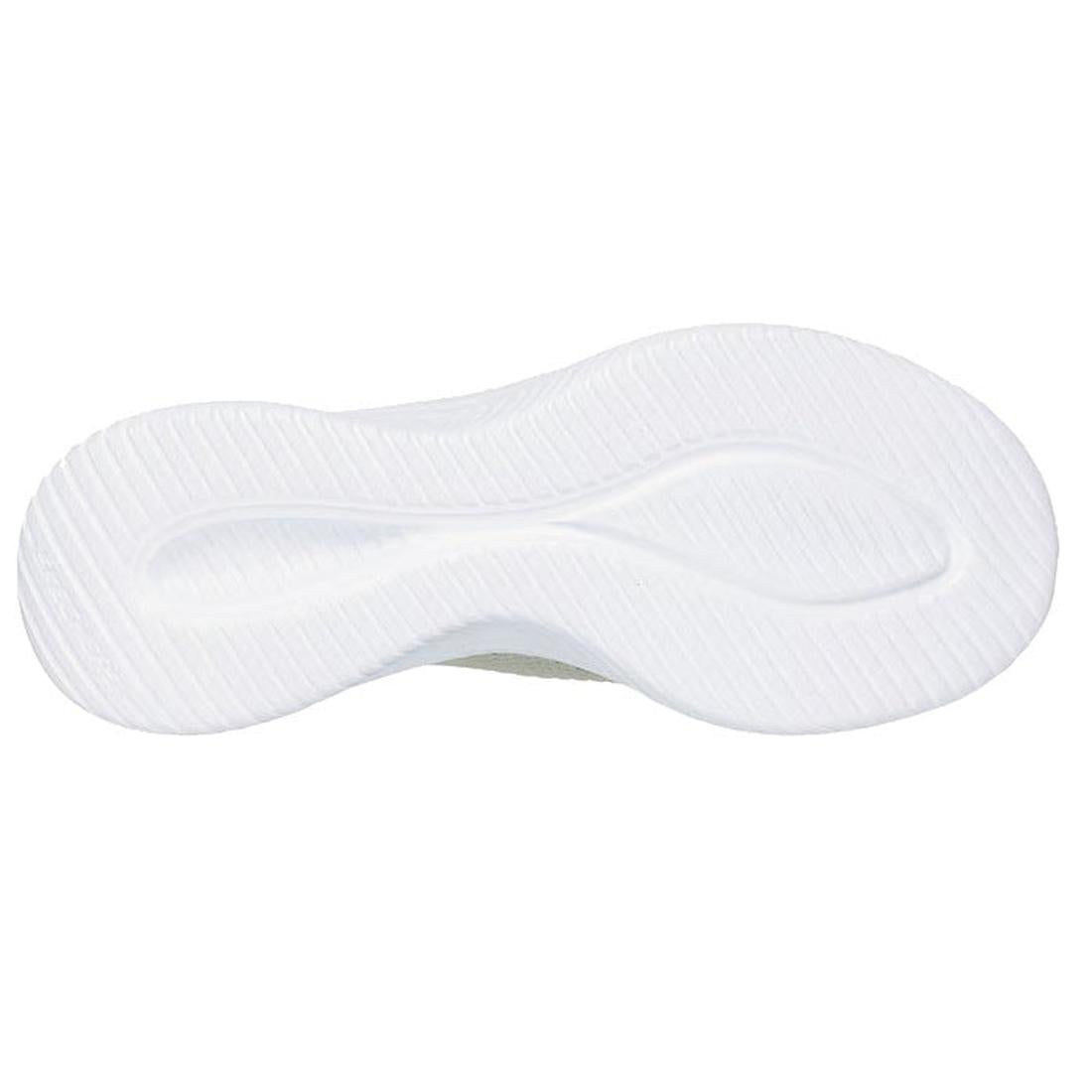 The image shows the bottom view of a Skechers Ultra Flex 3.0 Slip In Cozy Streak Sage Green sneaker with a wavy, textured sole for traction, featuring Hands Free Slip-ins and Air-Cooled Memory Foam for comfort and convenience., 49613, 49614, 198739894141,
