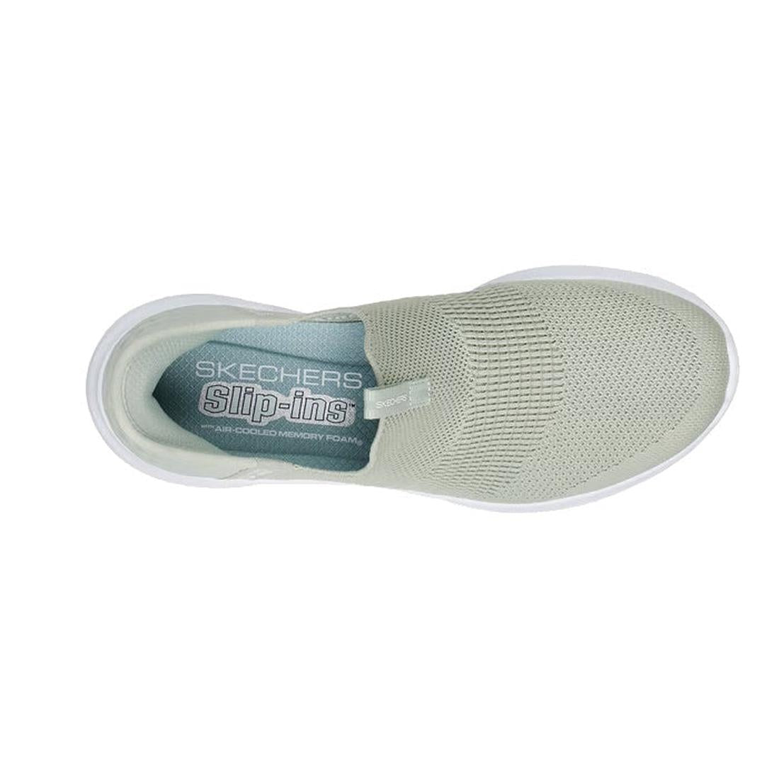 Top view of the Skechers Ultra Flex 3.0 Slip In Cozy Streak in sage green, featuring a knit upper, Stretch Fit design, white sole, and Air-Cooled Memory Foam insole for added comfort., 49613, 49614, 198739894141, 49616, 198739894165, 49618, 198739894189, 