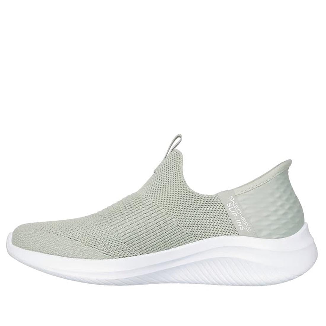 A sage green Skechers Ultra Flex 3.0 Slip-In Cozy Streak athletic shoe with mesh upper, Stretch Fit design, textured heel, and thick white curved sole. Shown from the side, facing left., 49613, 49614, 198739894141, 49616, 198739894165, 49618, 198739894189