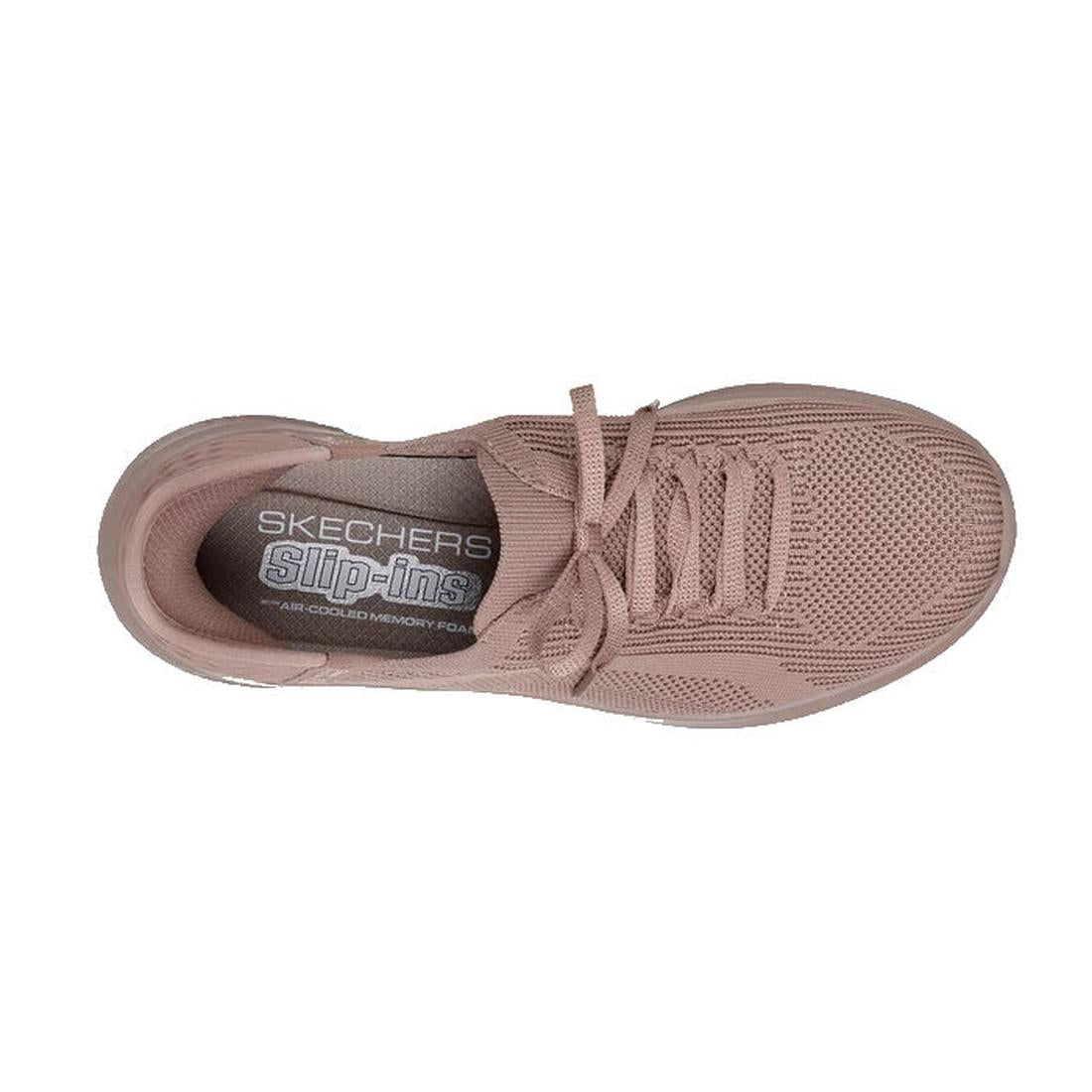 Top view of a dark taupe Skechers Ultra Flex 3.0 Pure Color Slip-Ins athletic shoe with laces, featuring a textured Stretch Fit knit upper and an Air-Cooled Memory Foam cushioned insole., 198739892390, 49701, 198739892413, 49703, 198739892437, 49705, 1987