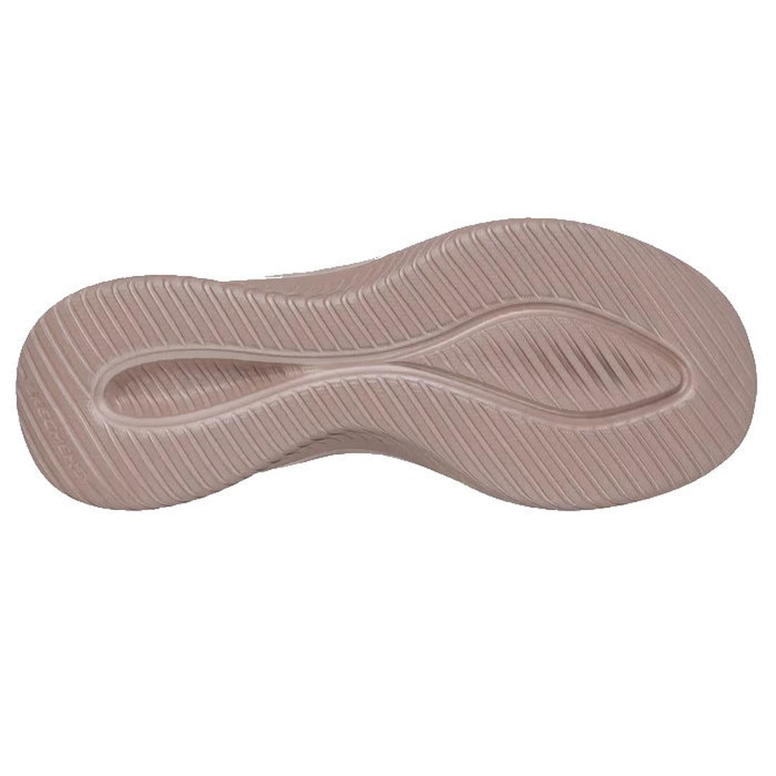 The image shows the sole of the Skechers Ultra Flex 3.0 Pure Color SLIP INS in Dark Taupe, featuring a wavy, textured pattern with fine ridges, a curved central groove, and multiple horizontal lines for enhanced grip and traction., 198739892390, 49701, 19