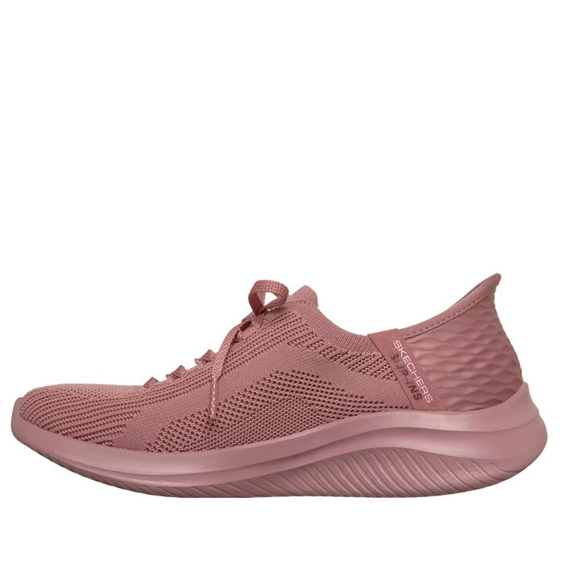 The Skechers Ultra Flex 3.0 Pure Color SLIP-INS in mauve features a single pink mesh sneaker with a textured sole, Stretch Fit design, slip-ins style, and Skechers branding, displayed in side profile on a white background., 49623, 49624, 198739892550, 496