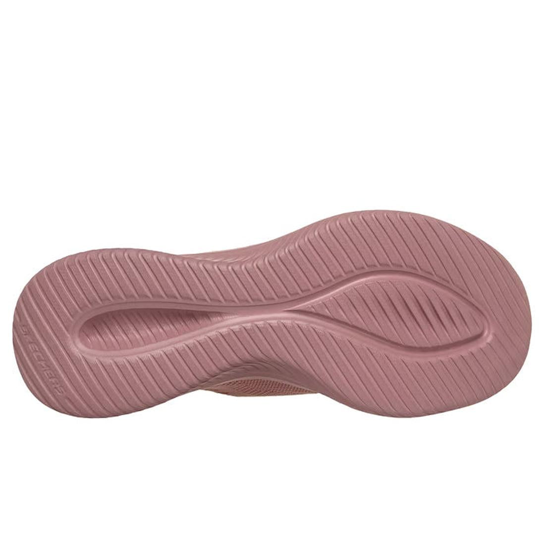 The image shows the sole of the Skechers Ultra Flex 3.0 Pure Color SLIP INS Mauve, featuring a pink wavy textured tread for grip and flexibility, plus Air-Cooled Memory Foam for enhanced comfort., 49623, 49624, 198739892550, 49626, 198739892574, 49628, 19
