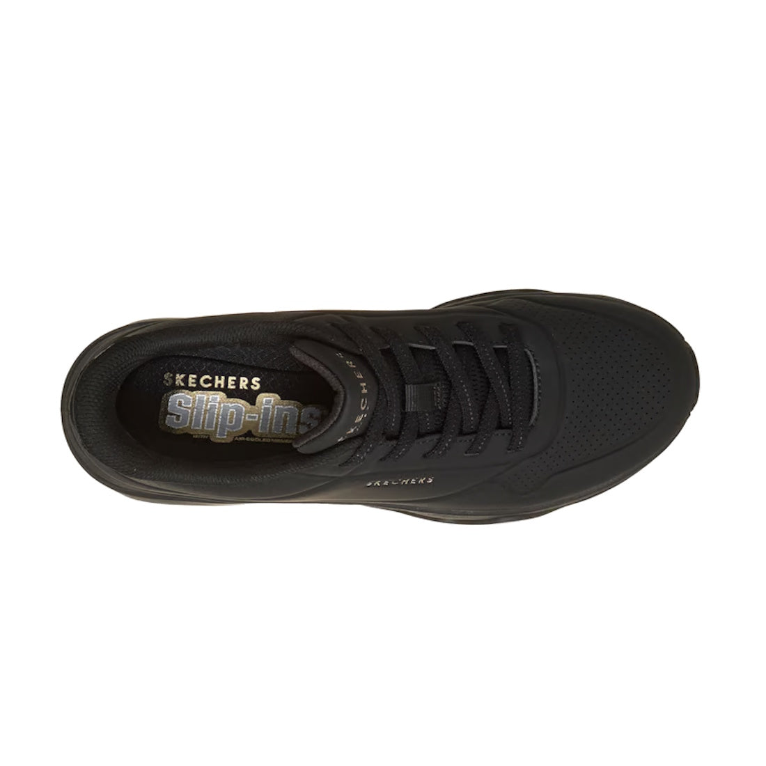 Top view of a Skechers Uno Slip Ins Glide Step Glide On Air Women's Black Trainer, featuring black laces, a perforated toe area, branded insole, and Air-Cooled Memory Foam for all-day comfort., 52727, 52728, 199252178114, 52730, 199252178138, 52732, 19925