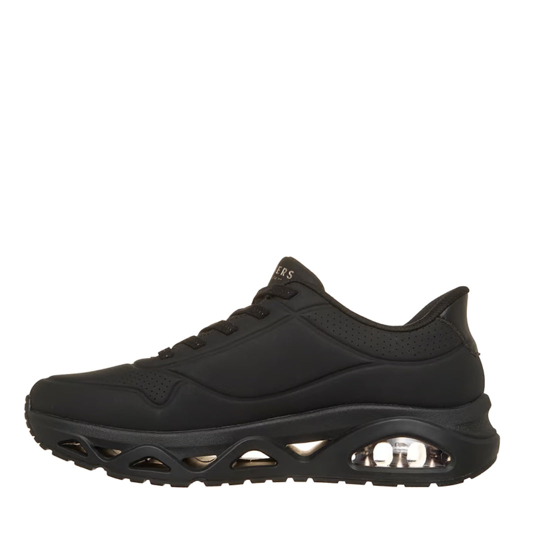 The Skechers Uno Slip-Ins Glide Step Glide On Air Women's Black Trainer is showcased in a side profile against a white background, highlighting its sleek design, perforated upper, visible air cushion, cutout details on the sole, and effortless wear with S