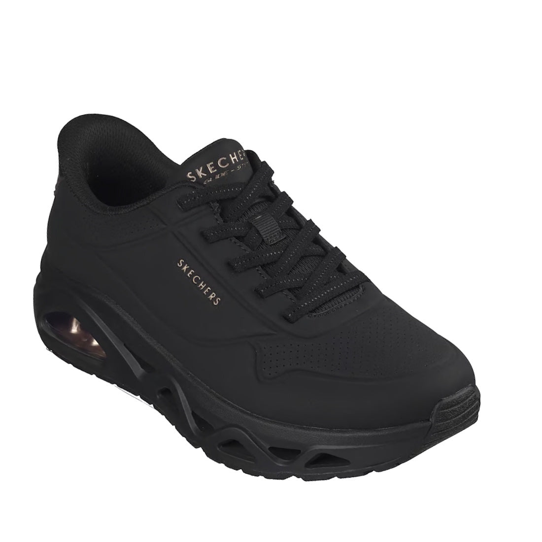A black Skechers Uno Slip Ins Glide Step Glide On Air women's trainer with a thick sole, perforated toe, and black laces is shown angled from above on a white background. Designed for comfort, it features Air-Cooled Memory Foam cushioning for all-day supp