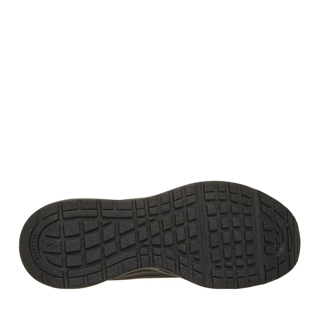 The image displays the black rubber sole of the Skechers Uno Slip Ins Glide Step Glide On Air Women's Black Trainer, featuring a grid-like tread pattern with rectangular and oval shapes for enhanced traction, set against a white background. Designed for b