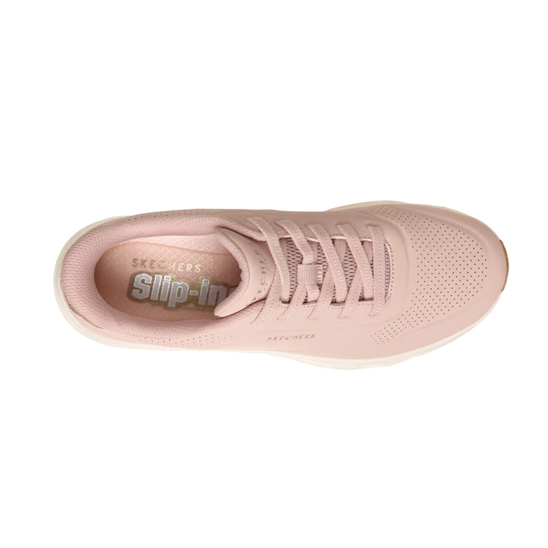 Top view of the Skechers Uno Slip Ins Glide Step Glide On Air Women’s Blush Pink Trainer, featuring lace-up design and a perforated toe area, with Air-Cooled Memory Foam for all-day comfort, displayed on a plain white background., 52745, 52746, 1992520483