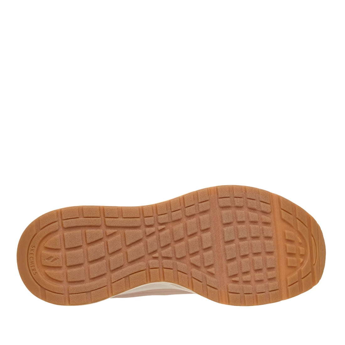 A close-up view of the Skechers Uno Slip Ins Glide Step Glide On Air Women's Blush Pink Trainer gum rubber sole highlights its tread pattern, featuring rectangular and square grips for enhanced traction. The Skechers logo appears on the heel area’s left s