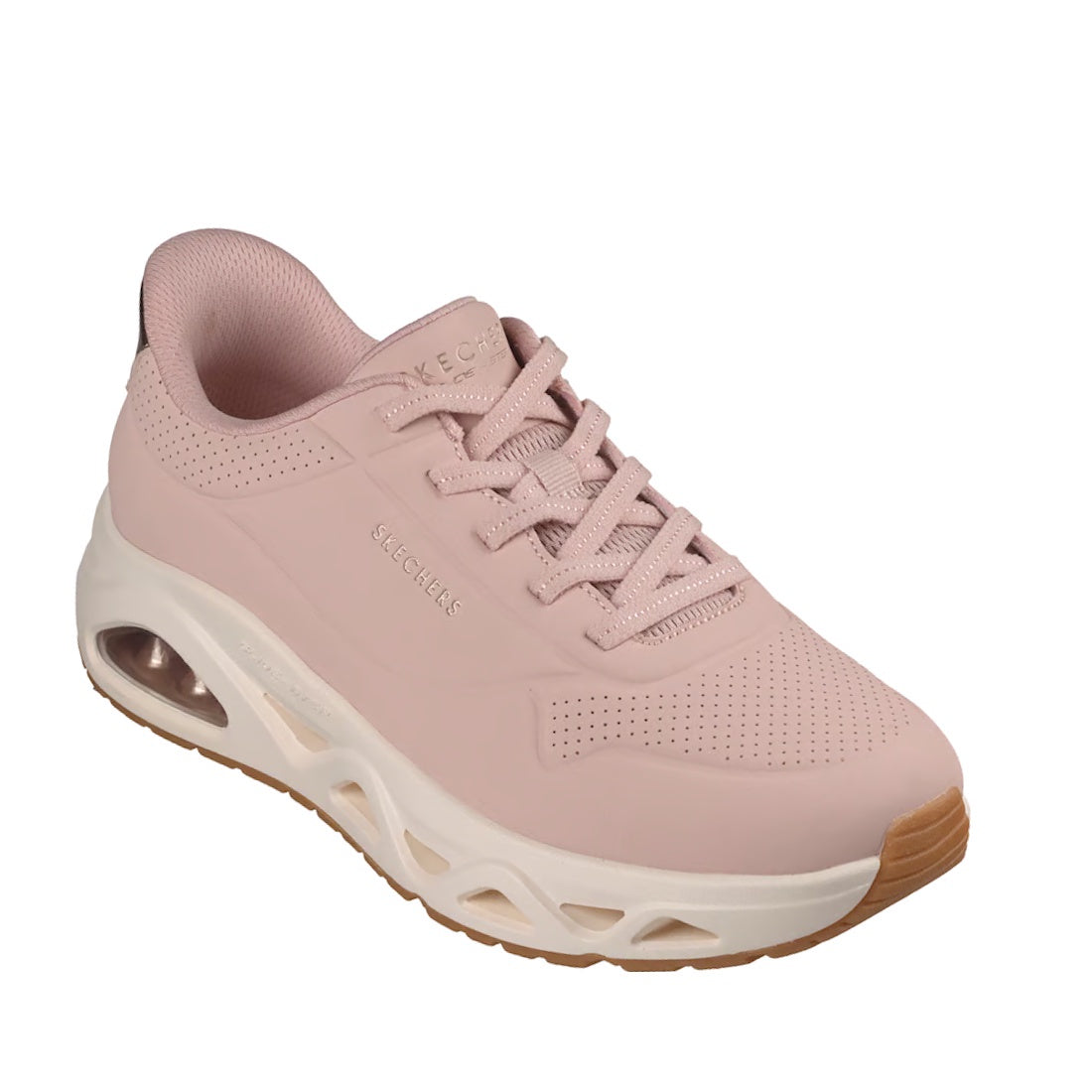 Blush pink Skechers Uno Slip-Ins Glide Step Glide On Air women’s trainer featuring a thick white sole, side air-cushion window, perforated detailing, lace-up front, and a tan rubber toe tip. Equipped with an Air-Cooled Memory Foam comfort insole for cushi