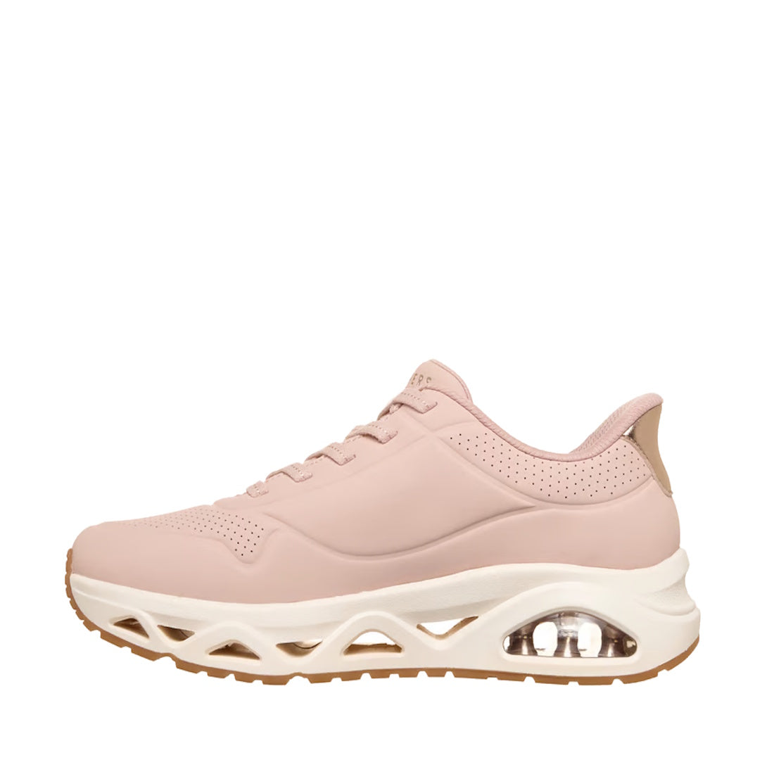 A blush pink Skechers Uno Slip-Ins Glide Step Glide On Air Women’s Trainer with a chunky white sole featuring visible air cushioning, Air-Cooled Memory Foam for all-day comfort, and cutout accents, presented in a left side profile view against a white bac