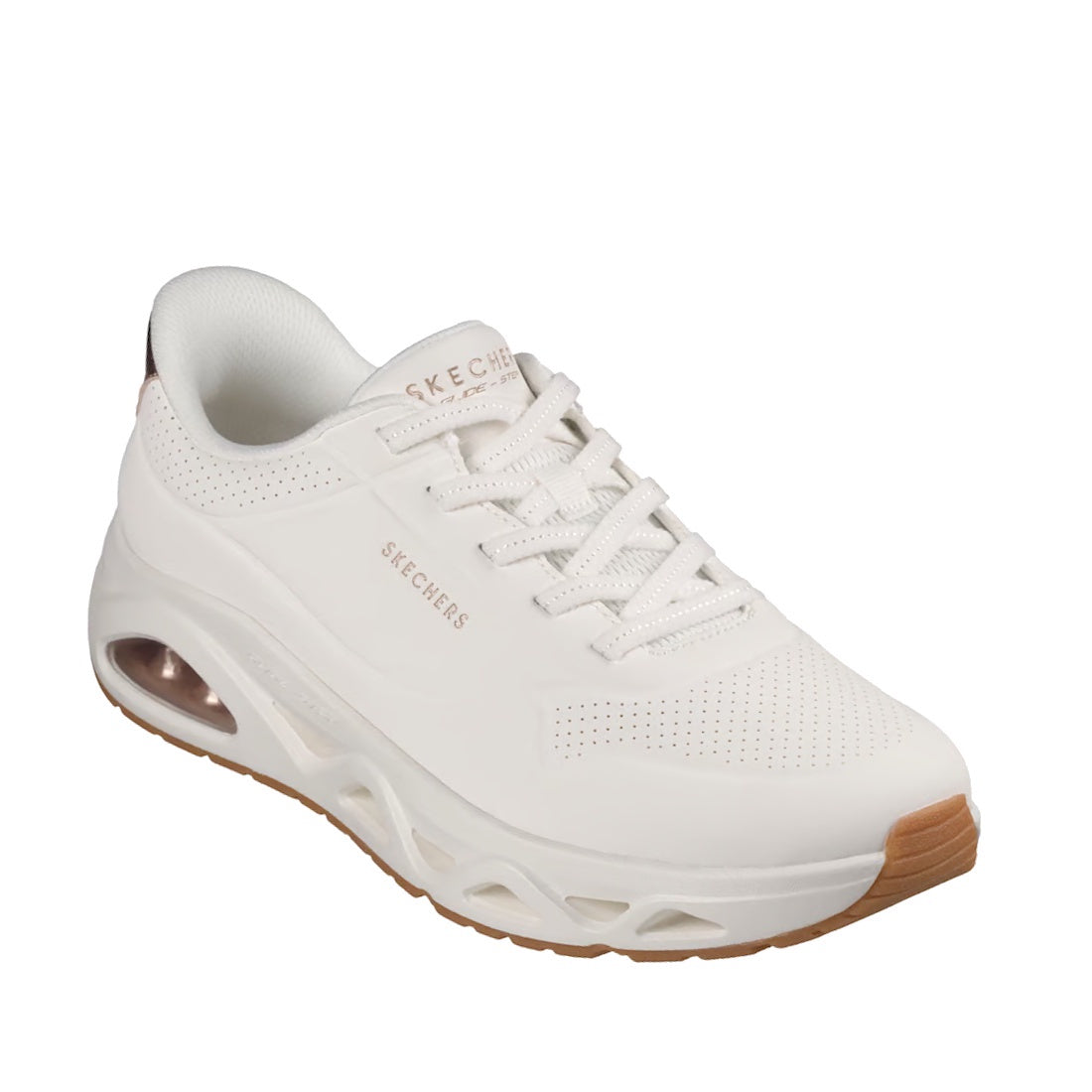 The Skechers Uno Slip Ins Glide Step Glide On Air Women's White Trainer showcases a white design with perforated details, beige accents, and a gum sole, offering a visible air cushion in the heel and Air-Cooled Memory Foam for all-day comfort.