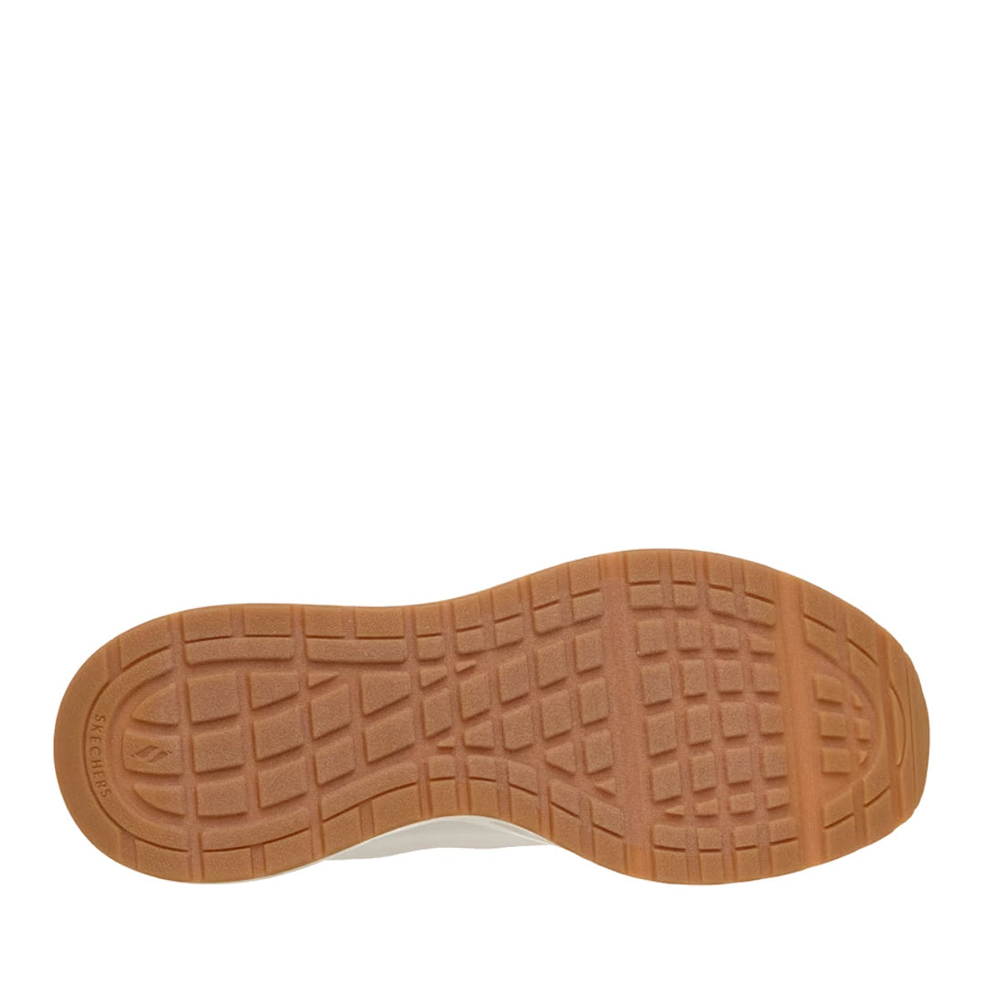 The image shows the brown rubber outsole of the Skechers Uno Slip Ins Glide Step Glide On Air Women's White Trainer, featuring a textured tread pattern for grip, photographed against a white background., 52736, 52737, 199025968683, 52739, 199025968706, 52