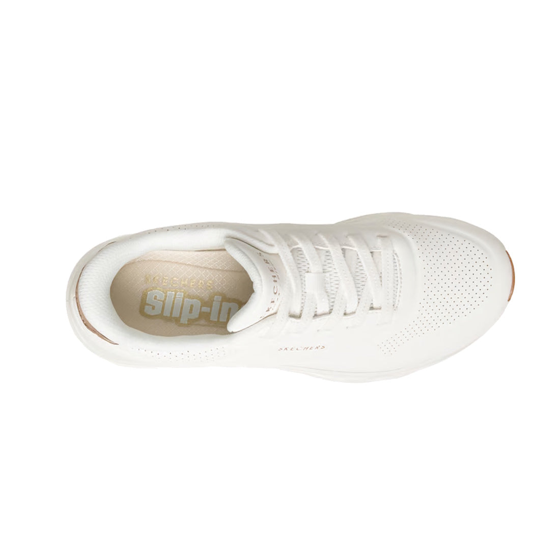 Top view of the Skechers Uno Slip Ins Glide Step Glide On Air Women's White Trainer, showcasing a white athletic sneaker with a perforated toe, woven laces, and Skechers Slip-ins branding on the beige insole. Designed with Air-Cooled Memory Foam for enhan
