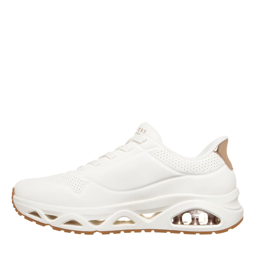 A side view of the Skechers Uno Slip Ins Glide Step Glide On Air Women's White Trainer showcases its perforated white upper, thick sole with cutout details, visible air cushion in the heel, and a tan accent on both the heel and outsole. Designed with Air-