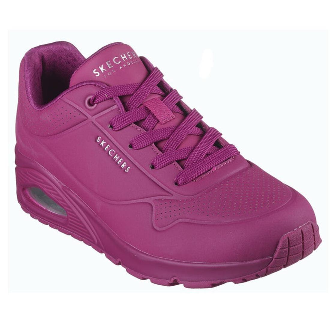 Skechers Uno Stand On Air Women's Trainer in cheerful magenta, lace-up style with cushiony sole and comfy memory foam insole.  ksnz