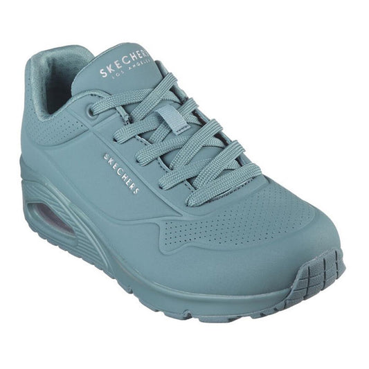 Skechers Uno Stand On Air Women's Trainer in teal, with a comfy thick sole, airy cushioning, lace-up closure, and soft memory foam.  ksnz