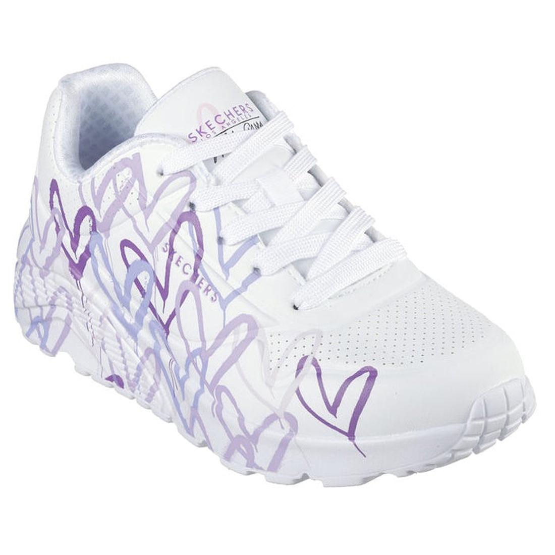 Skechers Uno Spread The Love X JGoldcrown White Purple sneaker, a comfy lace-up with sweet purple hearts and cushioned supportive sole.  ksnz