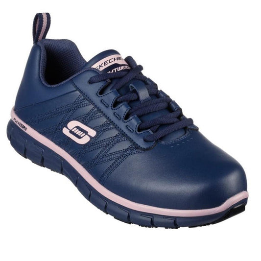 Skechers Sure Track Erath Women's Lace Up Work Shoe in navy, pink, and gold with safe tread, easy laces, comfy memory foam inside.  ksnz